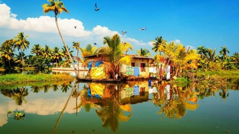 Serene Kerala backwaters with traditional house.