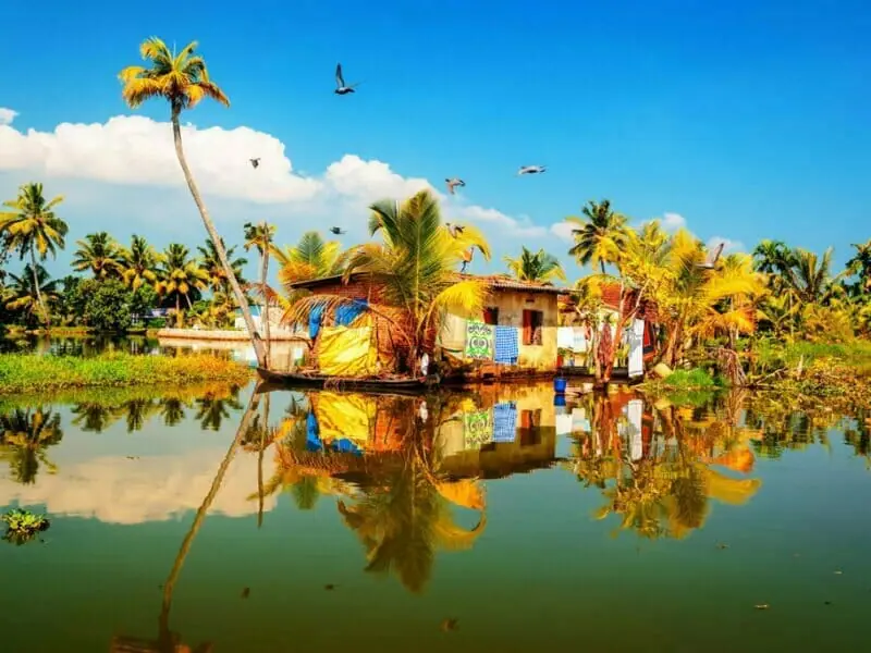 Serene Kerala backwaters with traditional house.