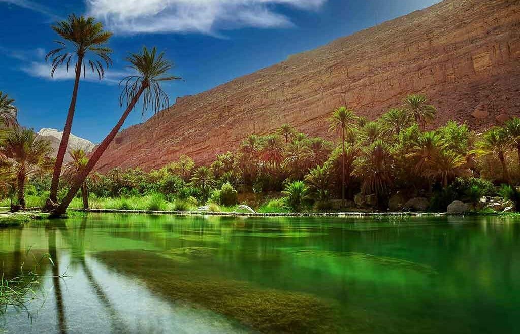 Crystal-clear turquoise pools of Wadi Bani Khalid surrounded by palm trees.
