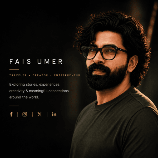 Cinematic portrait of Fais Umer with minimalist luxury branding design representing travel, creativity, storytelling, and entrepreneurship.